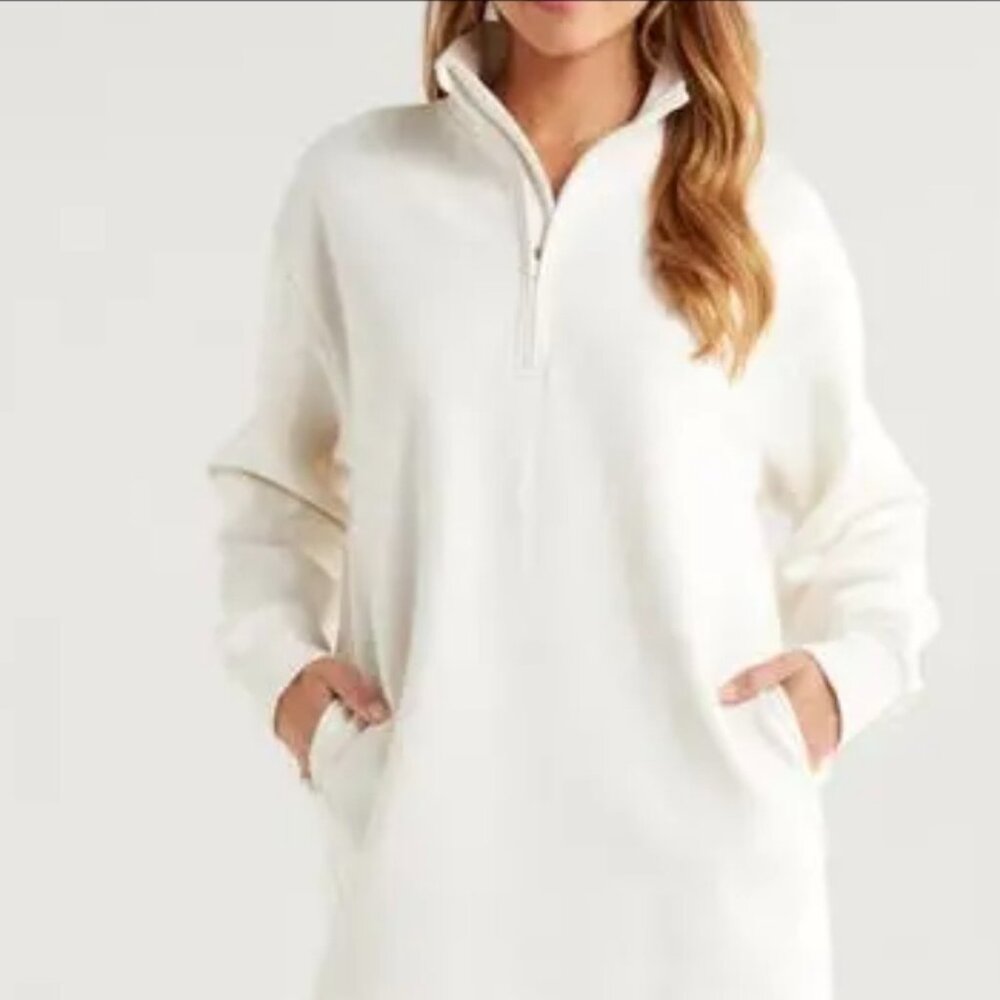 NEW Zella Fleece Zip Dress. Size S. Ivory.